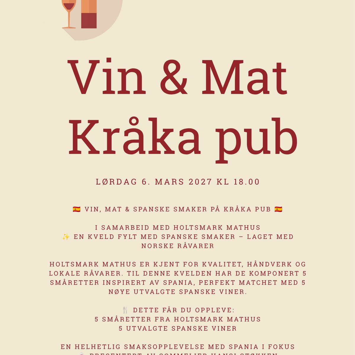 VNSMAKING OG 5 SMAKSRETTER - 5/3-27 kl.18.00